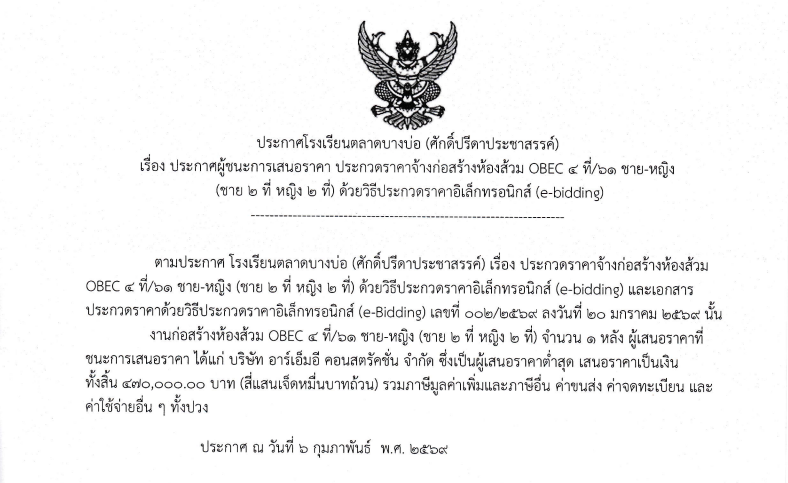 ประกาศผู้ชนะการเสนอราคา ประกวดราคาจ้างก่อสร้างห้องส้วม OBEC ๔ ที่/๖๑ ชาย-หญิง (ชาย ๒ ที่ หญิง ๒ ที่) ด้วยวิธีประกวดราคาอิเล็กทรอนิกส์ (e-bidding)
